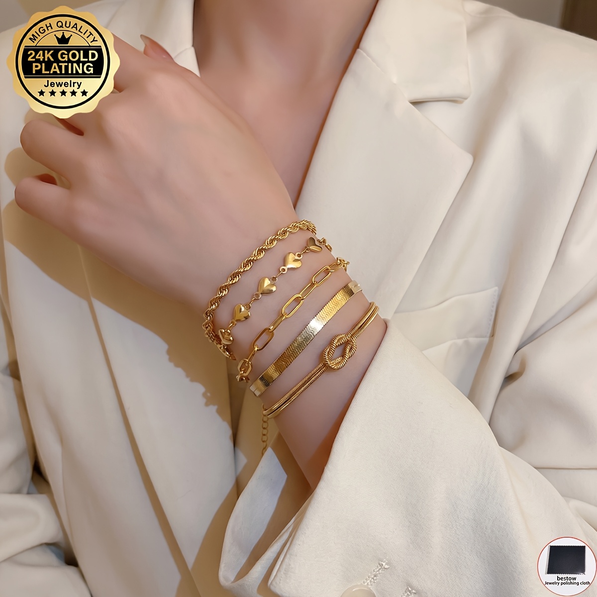 TEMU Set di 5 braccialetti da donna placcati in oro 24K (+ 1 per la pulizia), un elegante e lussuoso set di gioielli da donna a l'uso . come regalo