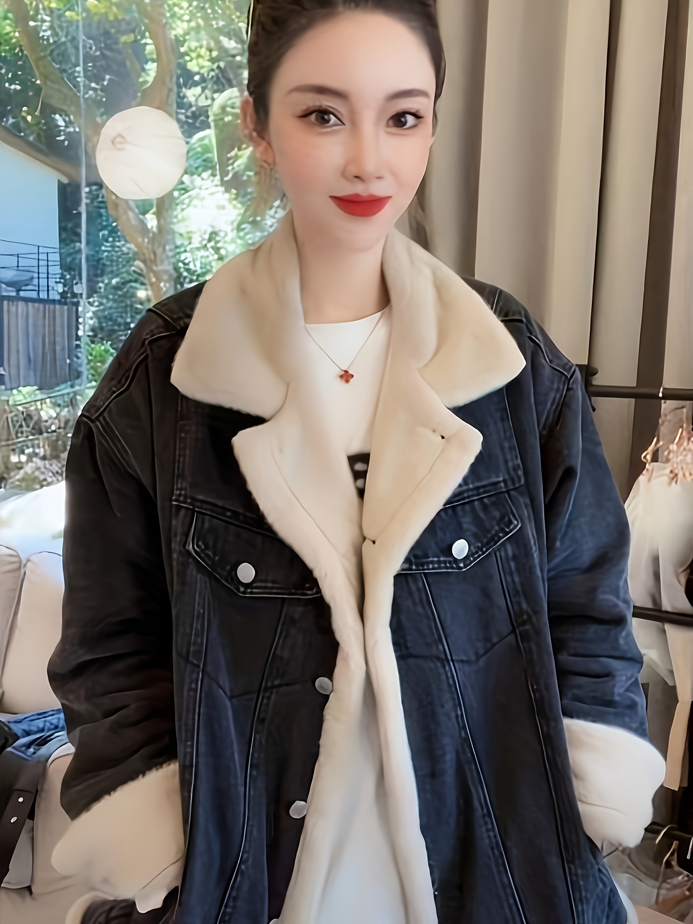 womens casual double sided fleece lined denim jacket Temu Canada