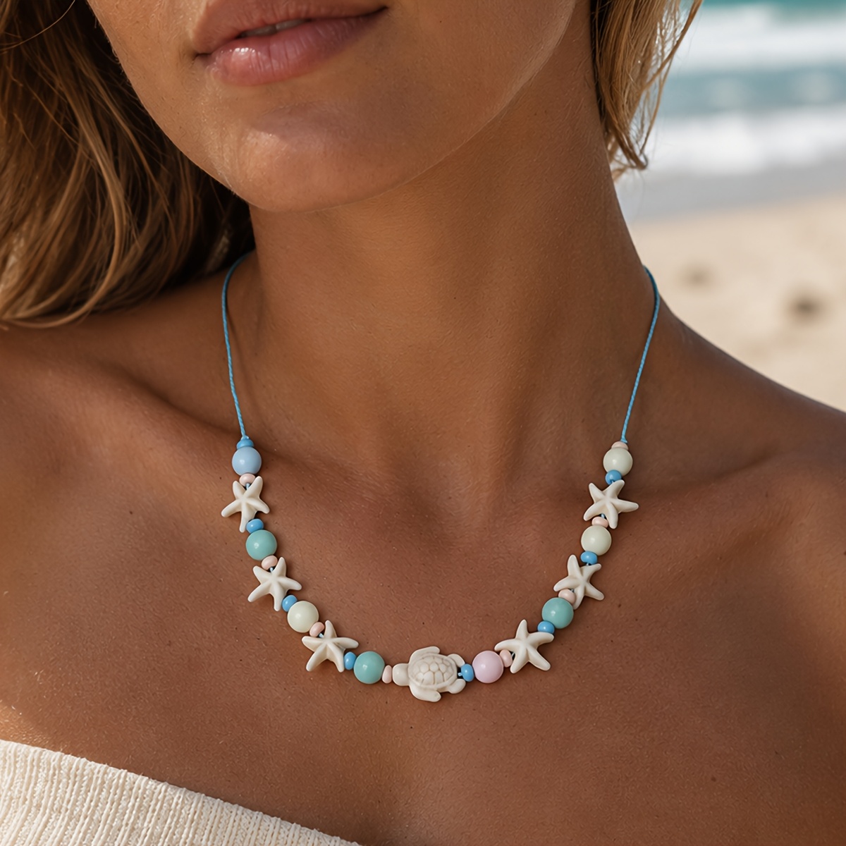 TEMU 1pc Bohemian Resin Turquoise Turtle Starfish Colorful Beaded Woven Necklace, Suitable For Daily Summer Beach Party Vacation Wear