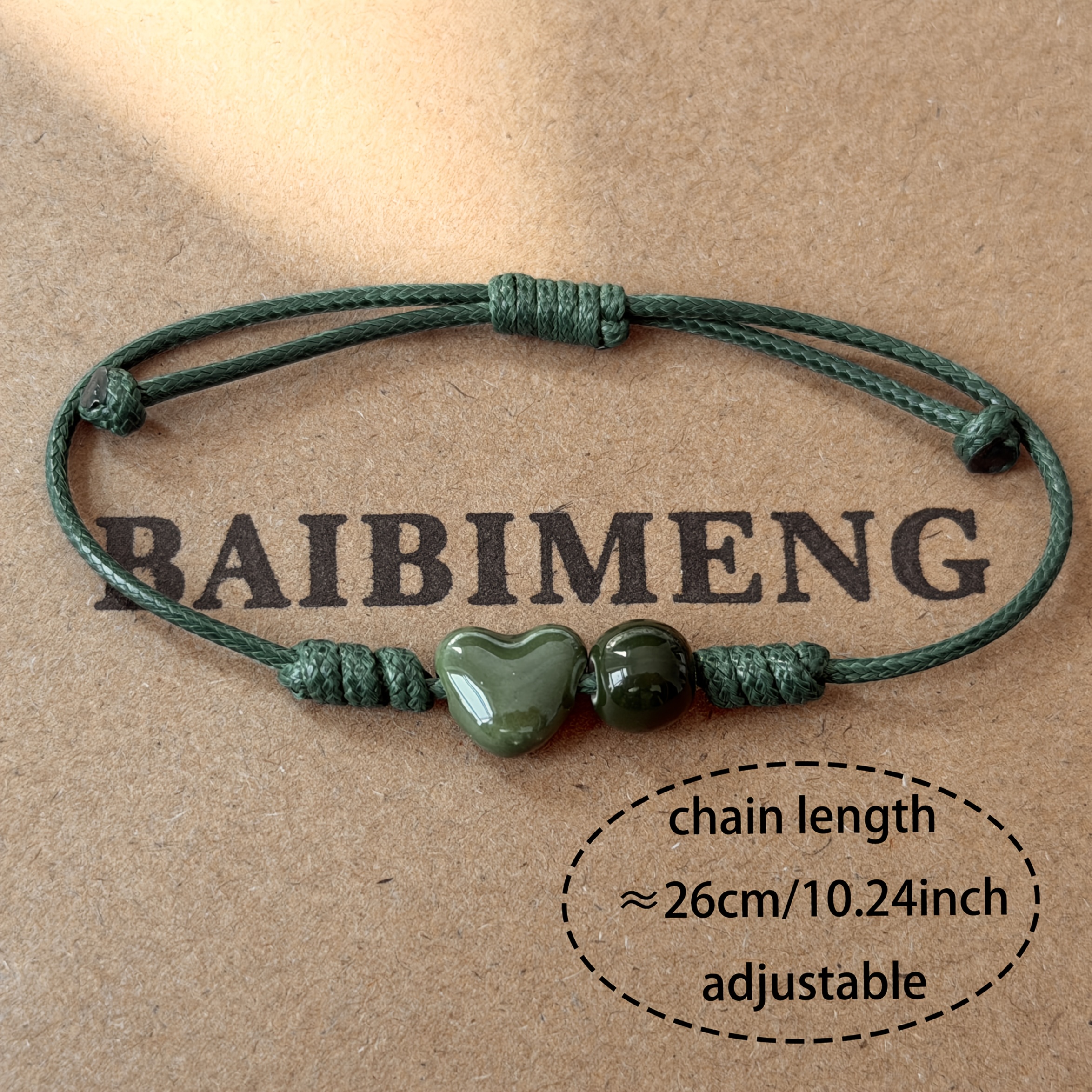 Women's Handmade Ceramic Green Heart Bracelet, Adjustable Length