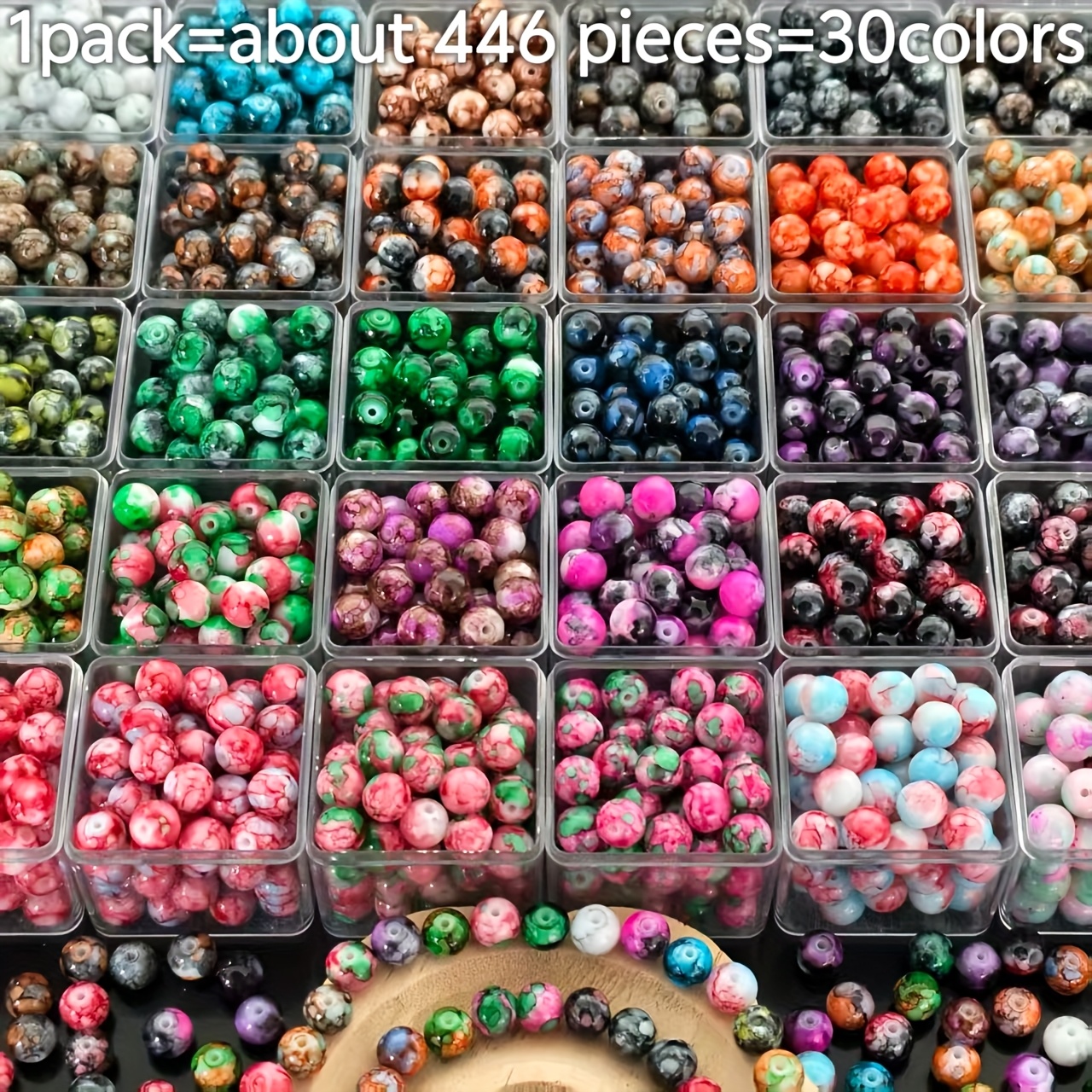 E-shop 446-teiliges 30 Farben Perlen- und Perlenkombinationsset - 8 mm Glasperlen, handgefertigter Schmuck Universal-Stil, geeignet für Armbänder,