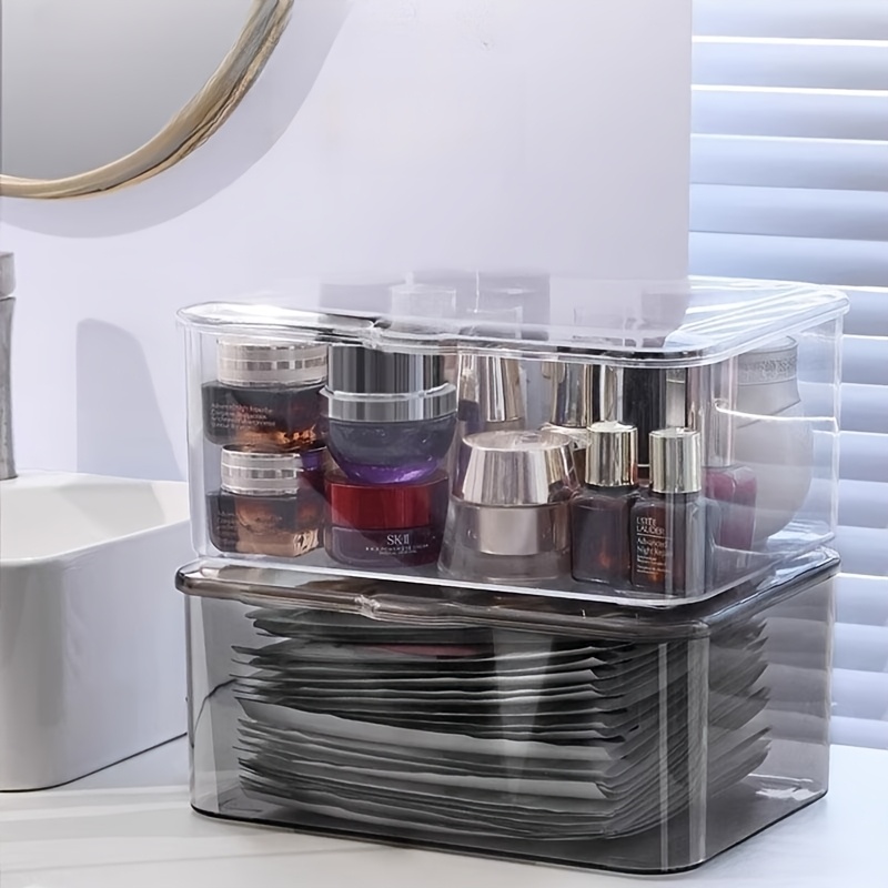 1  acrylic mask storage box with   lid multi compartment desktop cosmetic organizer for skincare makeup brushes vanity essentials compact space saving bathroom vanity storage basket makeup vanity desk durable plastic construction   acrylic