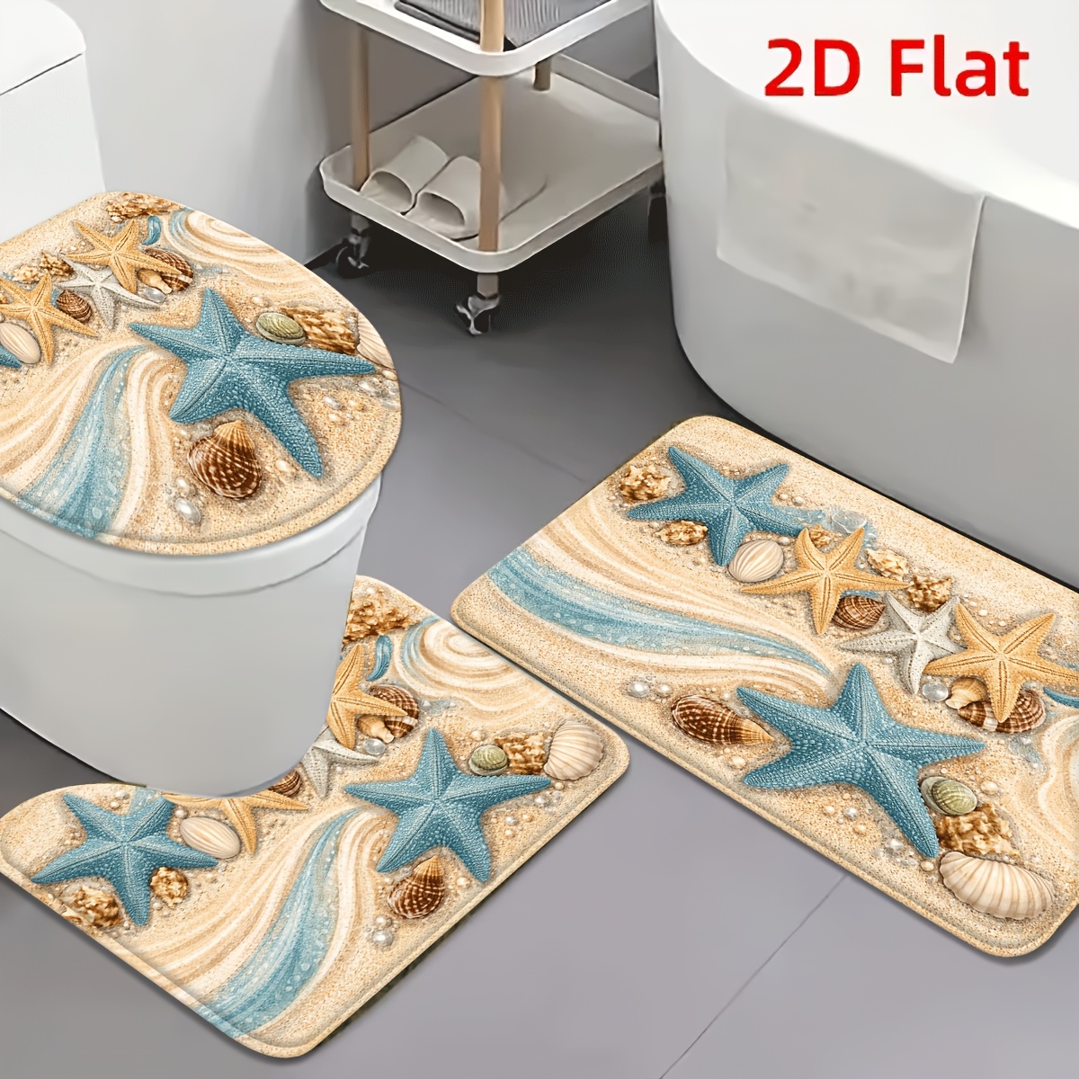 TEMU 2d Flat 3pcs Seashell And Starfish Flannel Non-slip Toilet Mat Set Coastal Decor For Bathroom, Entrance, Bedroom, Living Room; Ideal For Bay