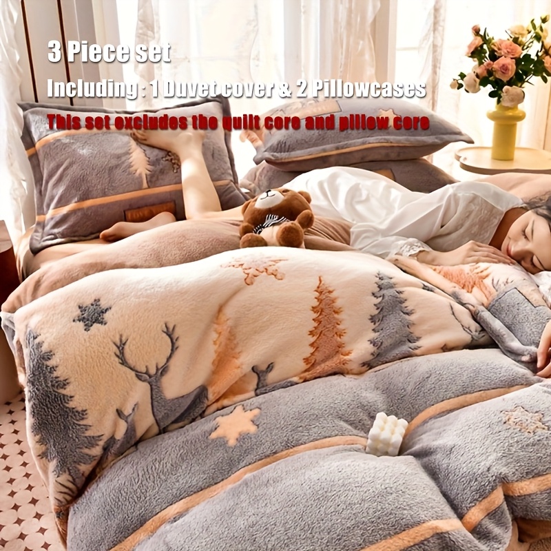 3-delige set 1 melkfluweel dekbedovertrek + kussensloop herfst en winter warm dekbedovertrek kussensloop set dikke pluche beddengoed - Afbeelding 2