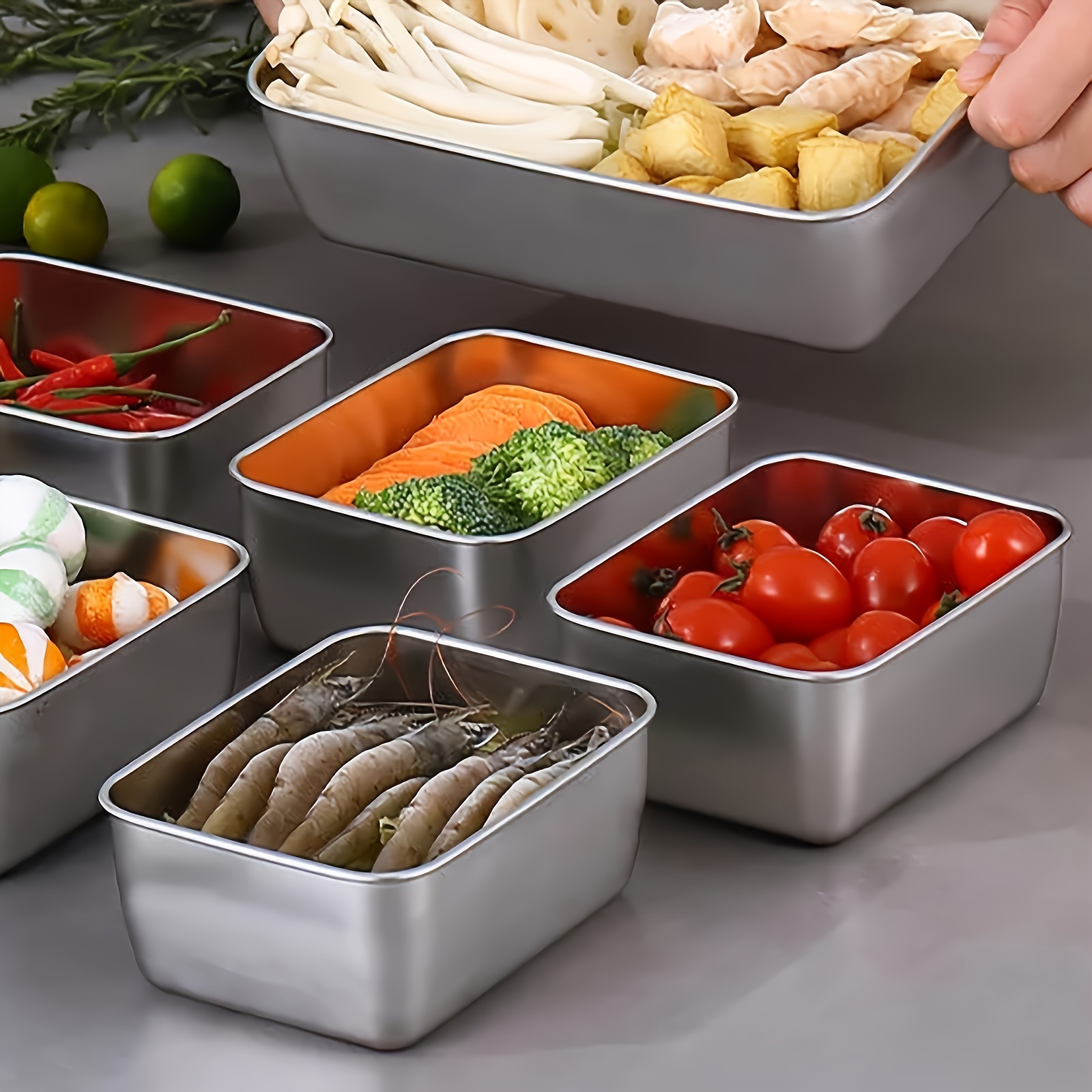 

5 Pcs Stainless Steel Storage Containers With Lids - Stackable, Reusable, And Fresh-keeping For Meat, Fruits, And Vegetables - Essential Kitchen Organizer