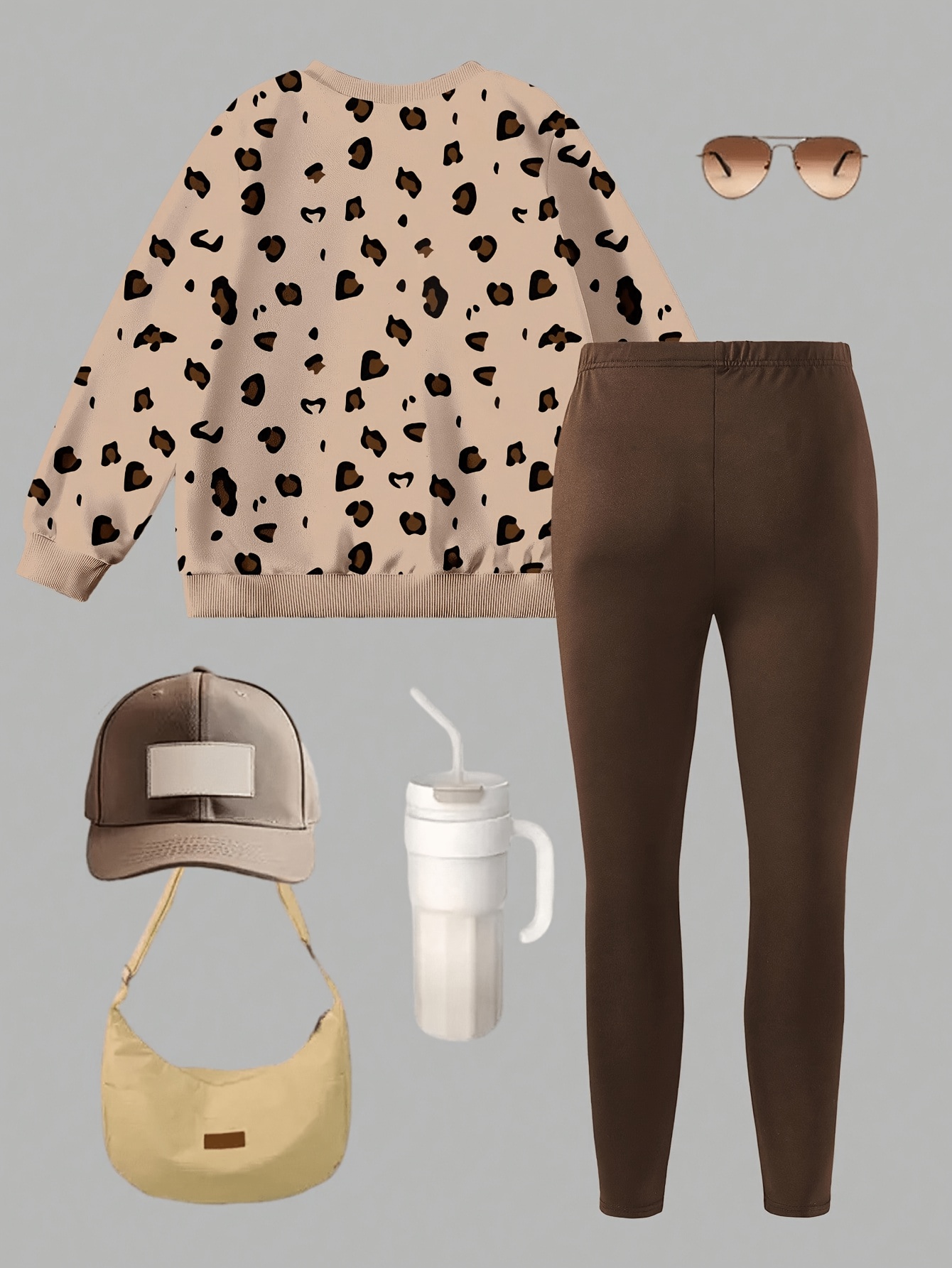 Girls' Deer Pattern Round Neck Pullover & Floral Pants Set