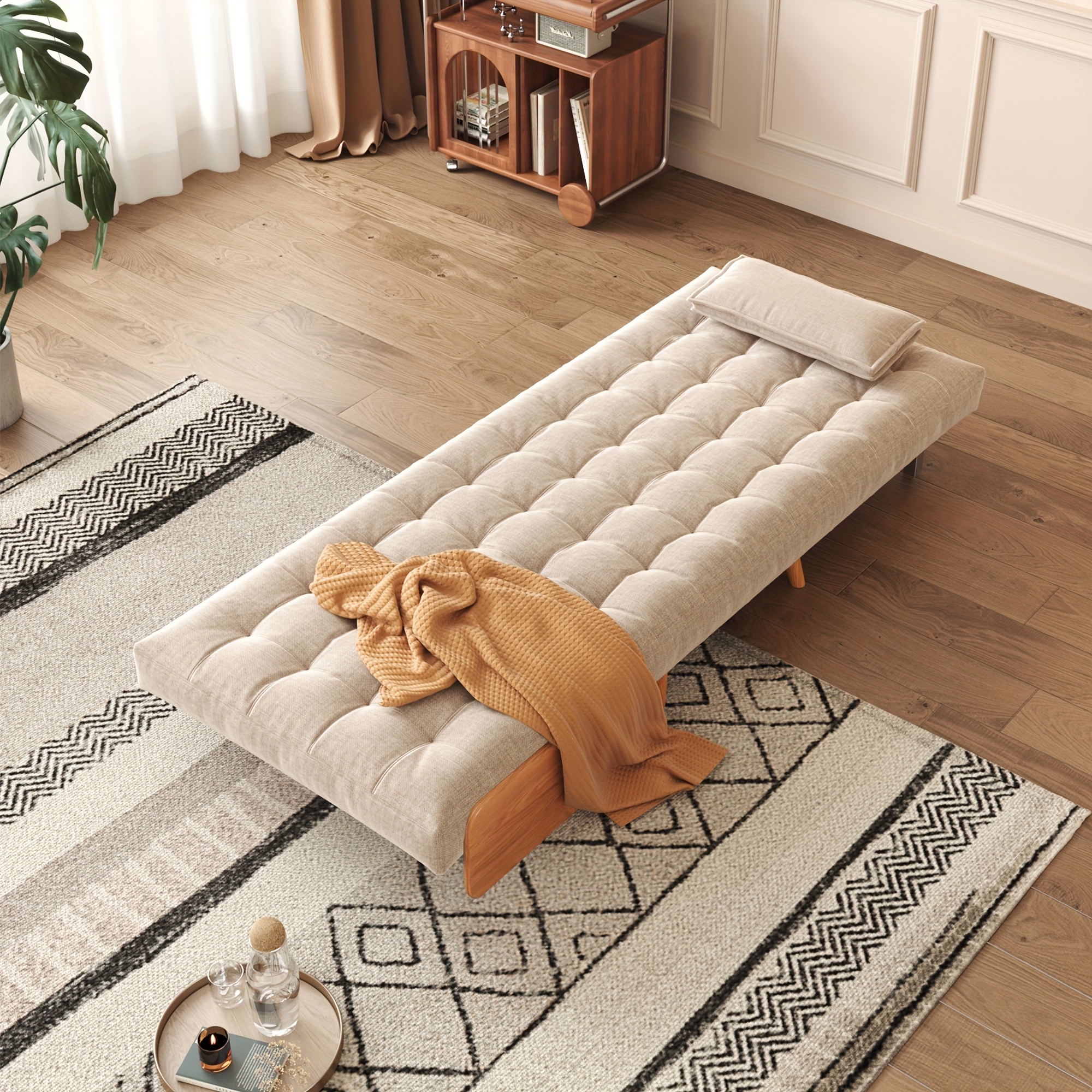 1 Modern Cotton And Linen Convertible Sofa Bed with 5 Adjustable Backs, Adjustable Height Pillows - Living Room Recliner, Single Or Double Use, Living Room Furniture Sofa | Neutral Home Decor | Wood Frame Sofa (Beige/Coffee)