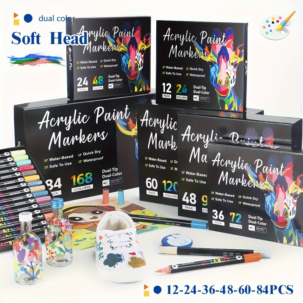 24 48 72 96 120 168 colors dual tip waterproof watercolor pens acrylic paint suitable for rock painting fabric metal   canvas ceramic eggs pumpkins