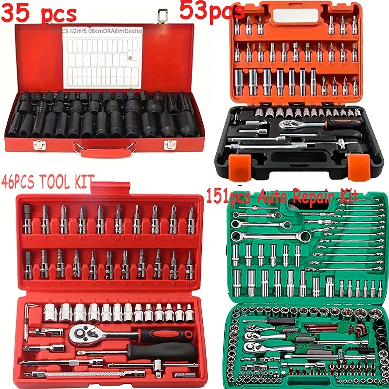 

Professional Car Repair Tool Set - 35/43/46/53/151pcs, Quick Ratchet Wrench And Multi-functional Tool Set, Suitable For Home And Industrial Use, Steel