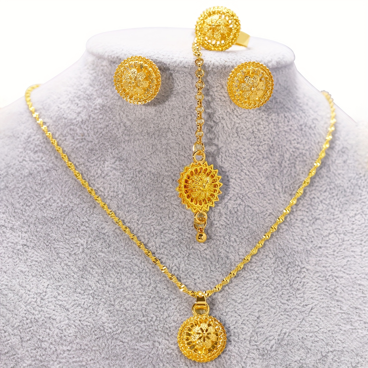TEMU Parure de Bijoux Dubaï : Boucles d'Oreilles, Collier, Bague et Coiffe pour Mariages Moyen-Orientaux - Élégant et Tendance pour Femmes