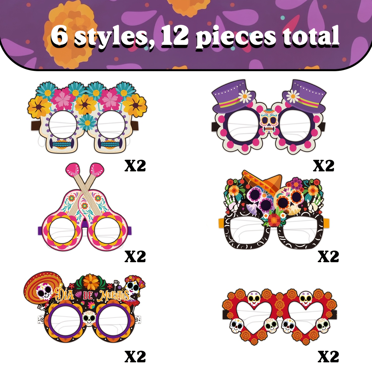 TEMU 12 pezzi Occhiali per cabina fotografica , Kit di occhiali di carta di zucchero Dia De Los Muertos per decorazioni di feste di Halloween, feste