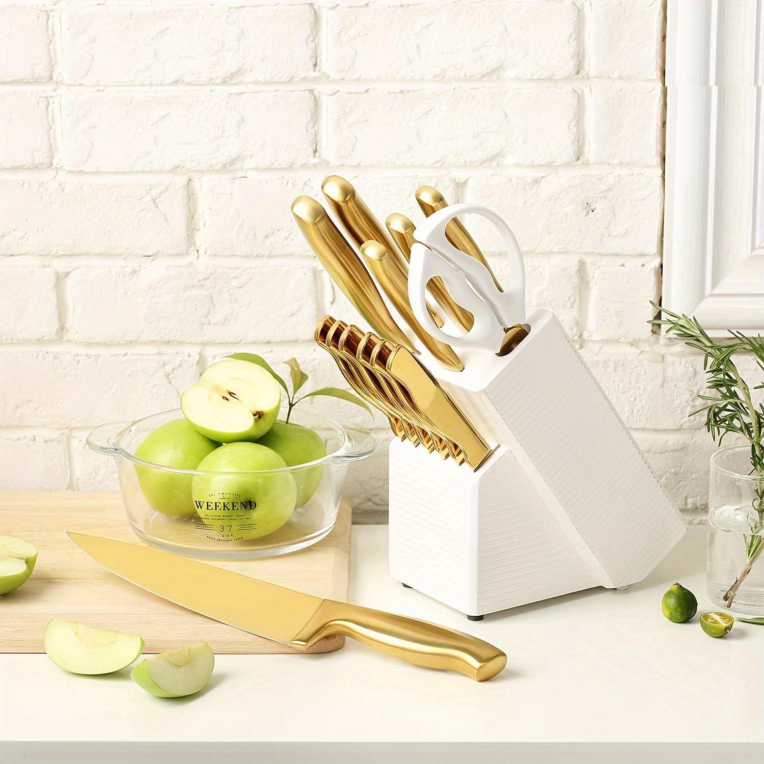 McCook Golden Knife Set With Block, TEA21 14pcs Knife Set With Block Golden Kitchen Knife Block Set Stainless Steel