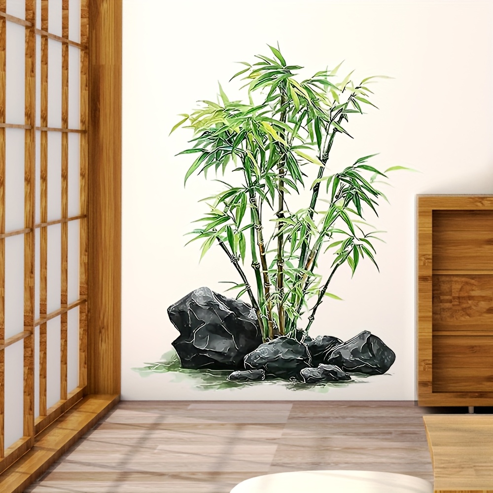 Image of 1pc Modern Painting Style Bamboo And Stone, Matte Surface Stickers, Removable Waterproof Wall Stickers, Self-adhesive Irregular Home Decoration Decorative Decals, , Vinyl Base Material