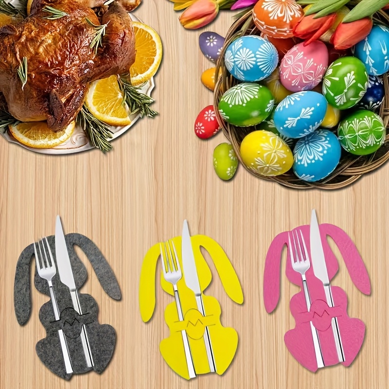 

12pcs Rabbit & Heart Cutlery Holders Set - Decorative Knife And Fork Pouches For Easter, Christmas, And Holiday Dining Table Decor