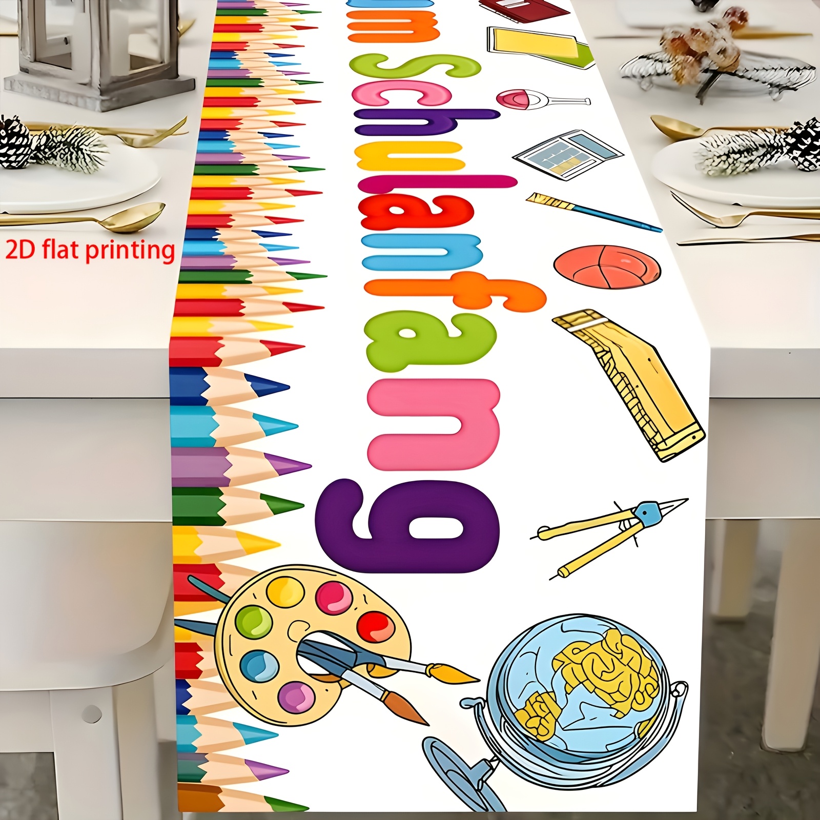 German Back-to-school Theme " Season" Cartoon Pencil Candy Pattern Table Runner, Entrance Party Decoration, Elegant Dining Tablecloth