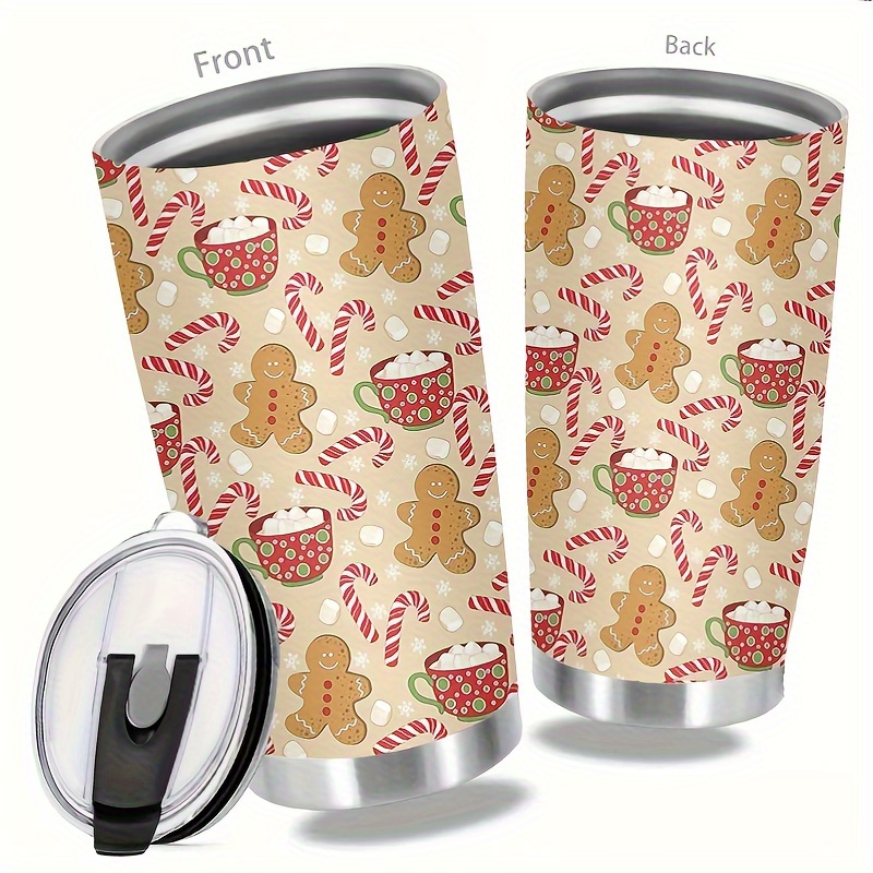 

20oz Christmas Tumbler - 304 Stainless Steel Double Wall Vacuum Insulated Cup With Lid - Gingerbread And Candy Cane Pattern Travel Mug - Gift For Parents, Relatives, Friends - 1pc