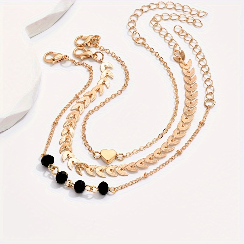 

3 Pcs Set Of Tiny Golden Bracelet With Black Beads Vintage Elegant Style For Women