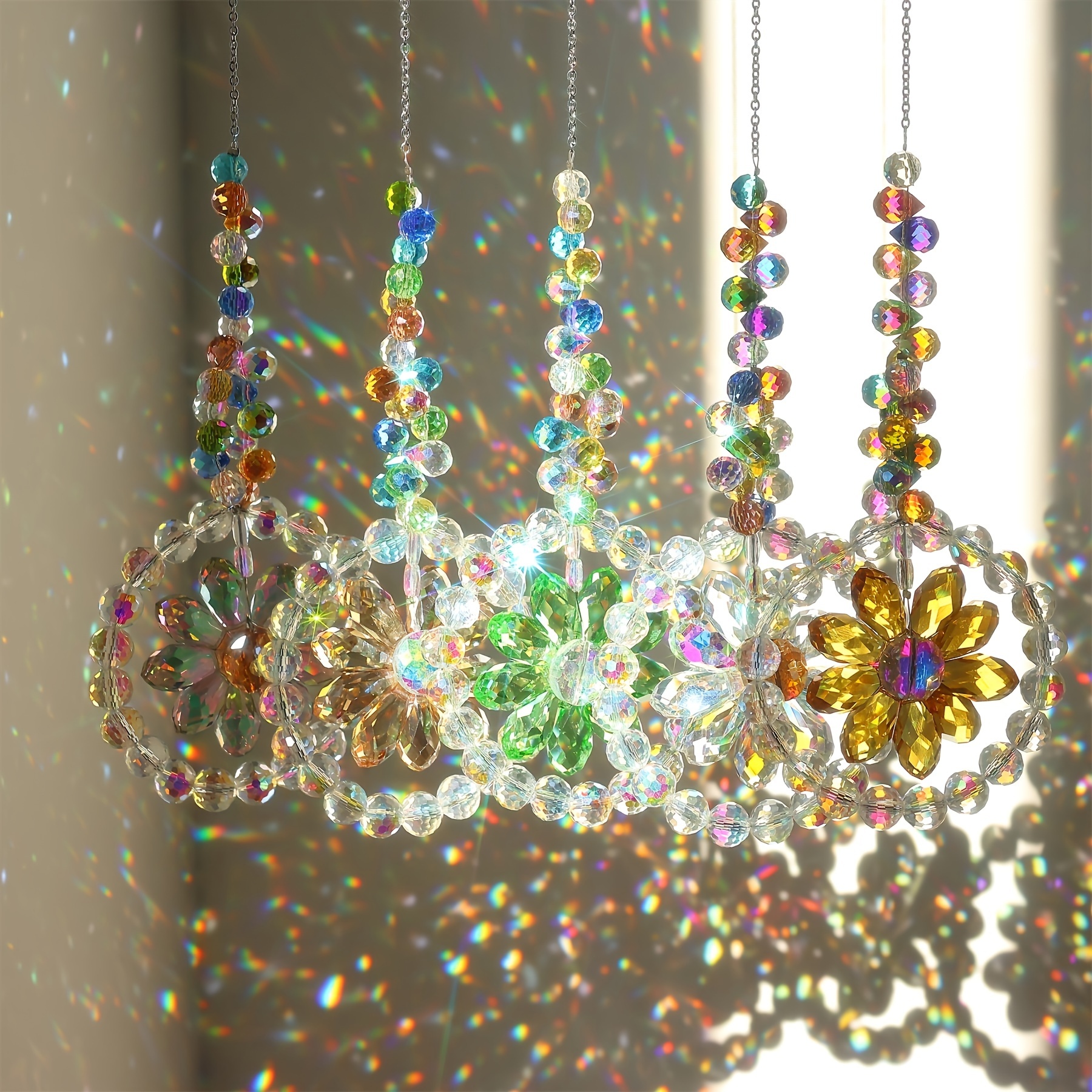 TEMU 5pcs Of Circular Flower Sunflower Glass Sunshade Umbrellas, Sunshine Wind Chimes, Wedding Home Decoration Car Hanging Sunshade Umbrellas,