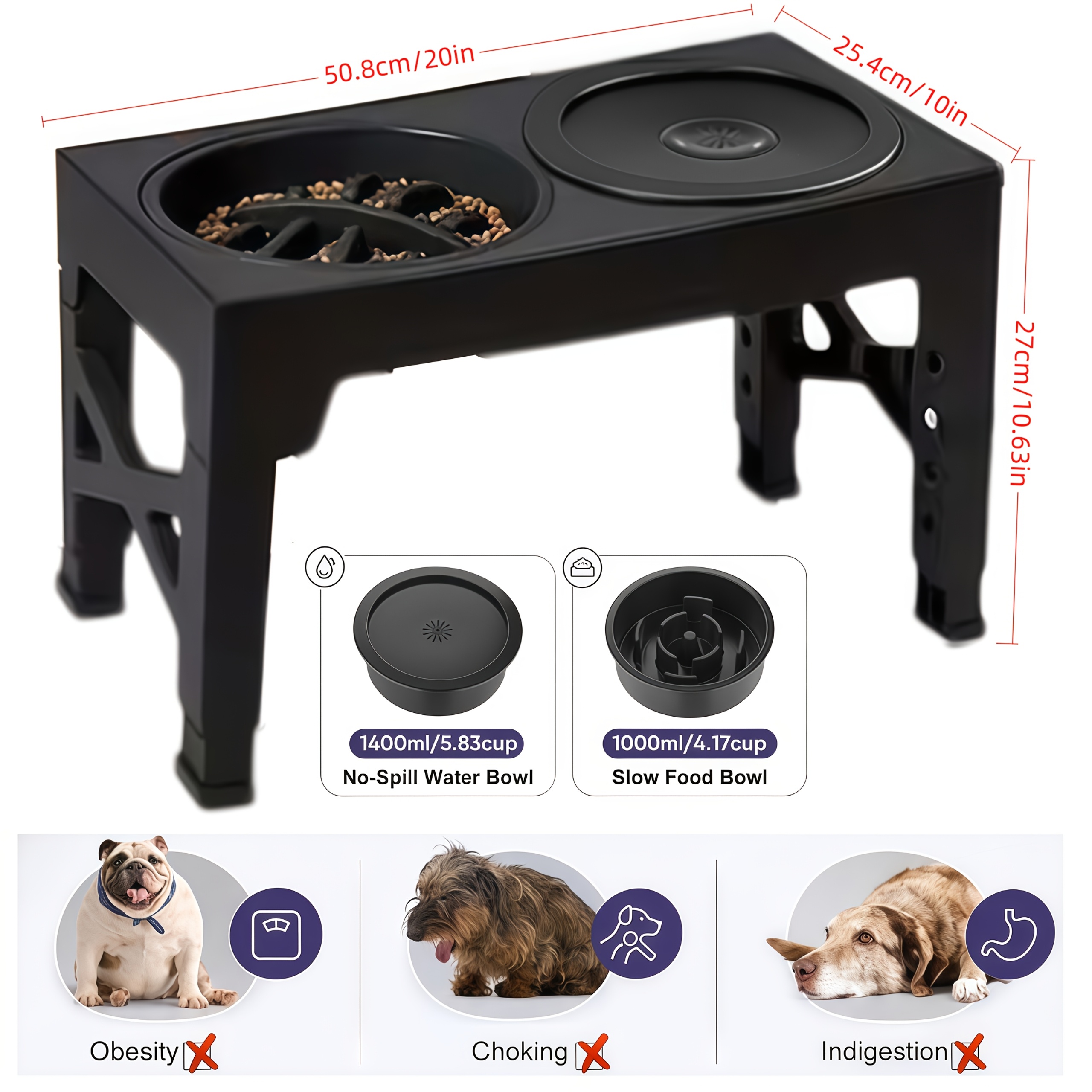 TEMU Elevated Pet Feeding Bowl 5 Height Adjustable Dog Bowl, Foldable Height-adjustable Dog Bowl Stand, With Slow Feeder Food Bowl, Suitable For