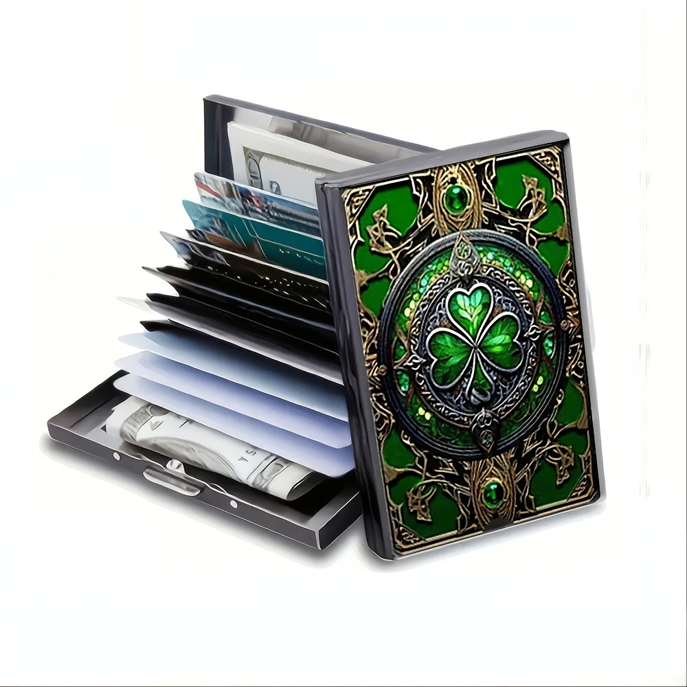 TEMU Stainless Steel Credit Card Holder With Green Clover Decorative Pattern, Suitable For Men And Women.
