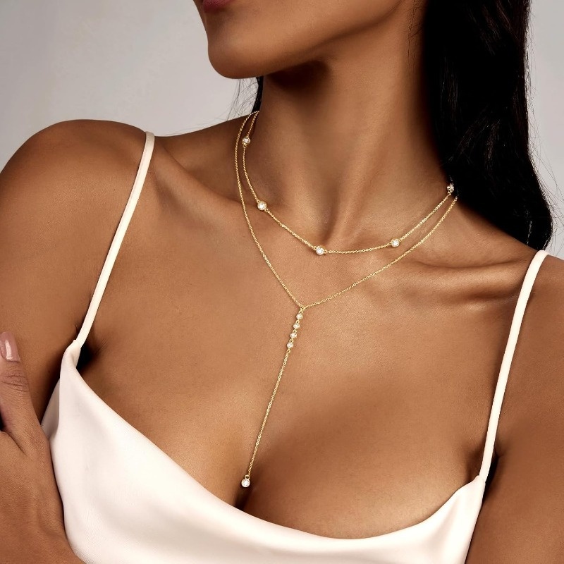 Women's Dainty Long Layered CZ Beaded Bar Chain Necklace
