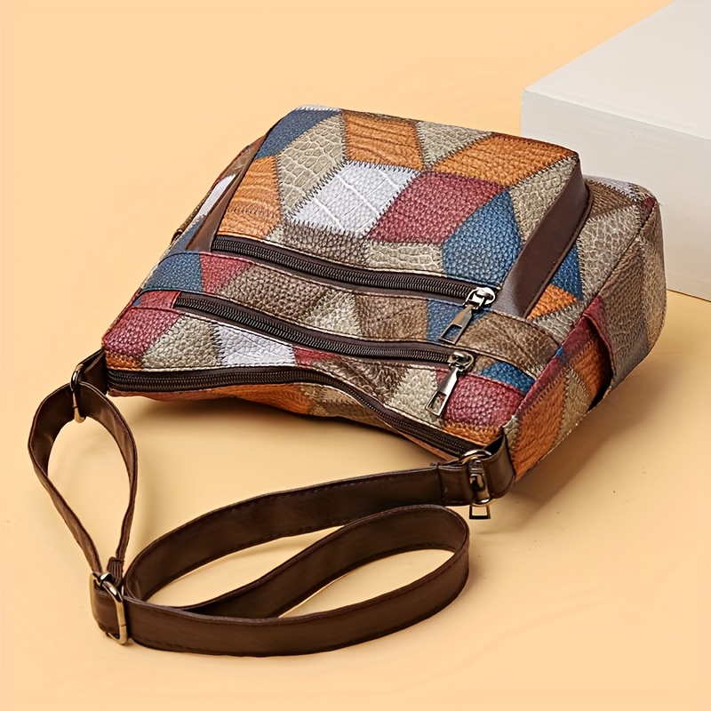 vintage geometric pattern crossbody bag for women contrast color simple shoulder bag adjustable shoulder strap and zipper closure   design 7
