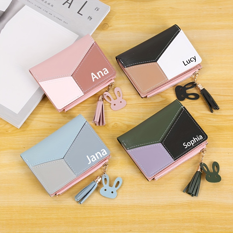 

Personalized Name Customized Color Block Tassel Zipper Wallet, Faux Leather Credit Card Wallet With Id Window