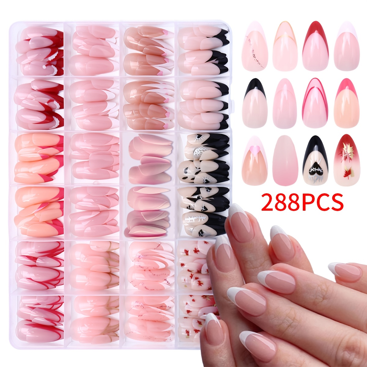 E-shop 288er-Set Mandelform Kurze Nagelspitzen Dekorationen mit Französischer Farbverlauf Aufdrücknägel Quadratische Aufdrücknägel für Acrylnägel Klare