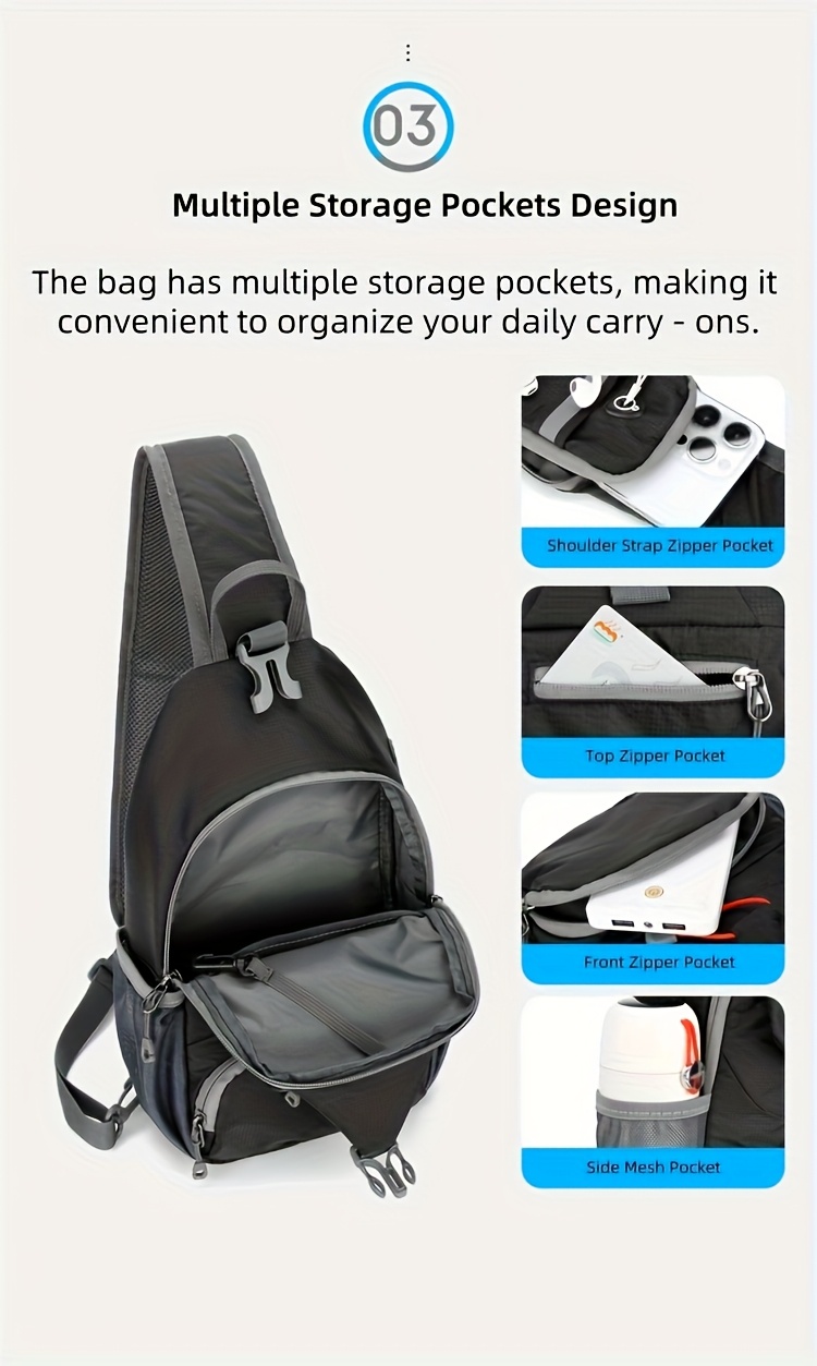 Sport Sling Bag for Men and Women - Large Capacity Crossbody Bag for Travel, Hiking & Daily Commute | Adjustable Breathable Strap, Multiple Pockets with Earphone Hole, Nylon.