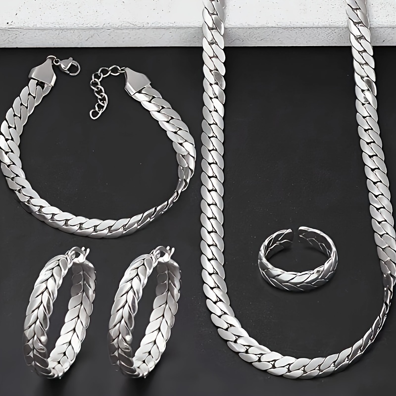 

925 Sterling Silver Cuban Chain 4-piece Set (ring, Necklace, Earrings, Bracelet) For Her , Gift Gift Box