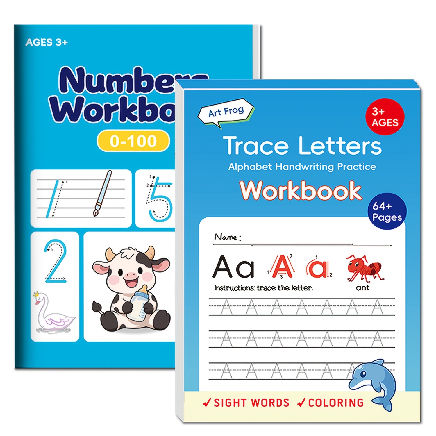 TEMU 2 Books/112 Pages Preschool Writing Workbook Set For Kids Ages 3+: Abc Alphabet Handwriting Practice, Sight Words, Numbers 0-100 Tracing, Math