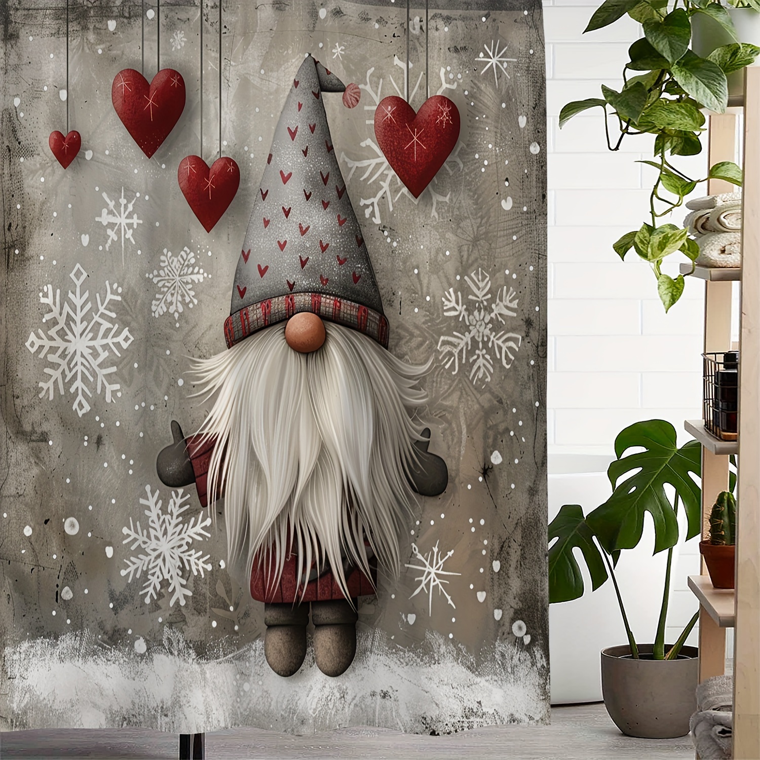 

Festive Vintage Gnome Heart Snowflake Print Waterproof Shower Curtain With 12 Hooks - Artistic, Machine Washable, Durable Polyester, Perfect For Christmas Decor