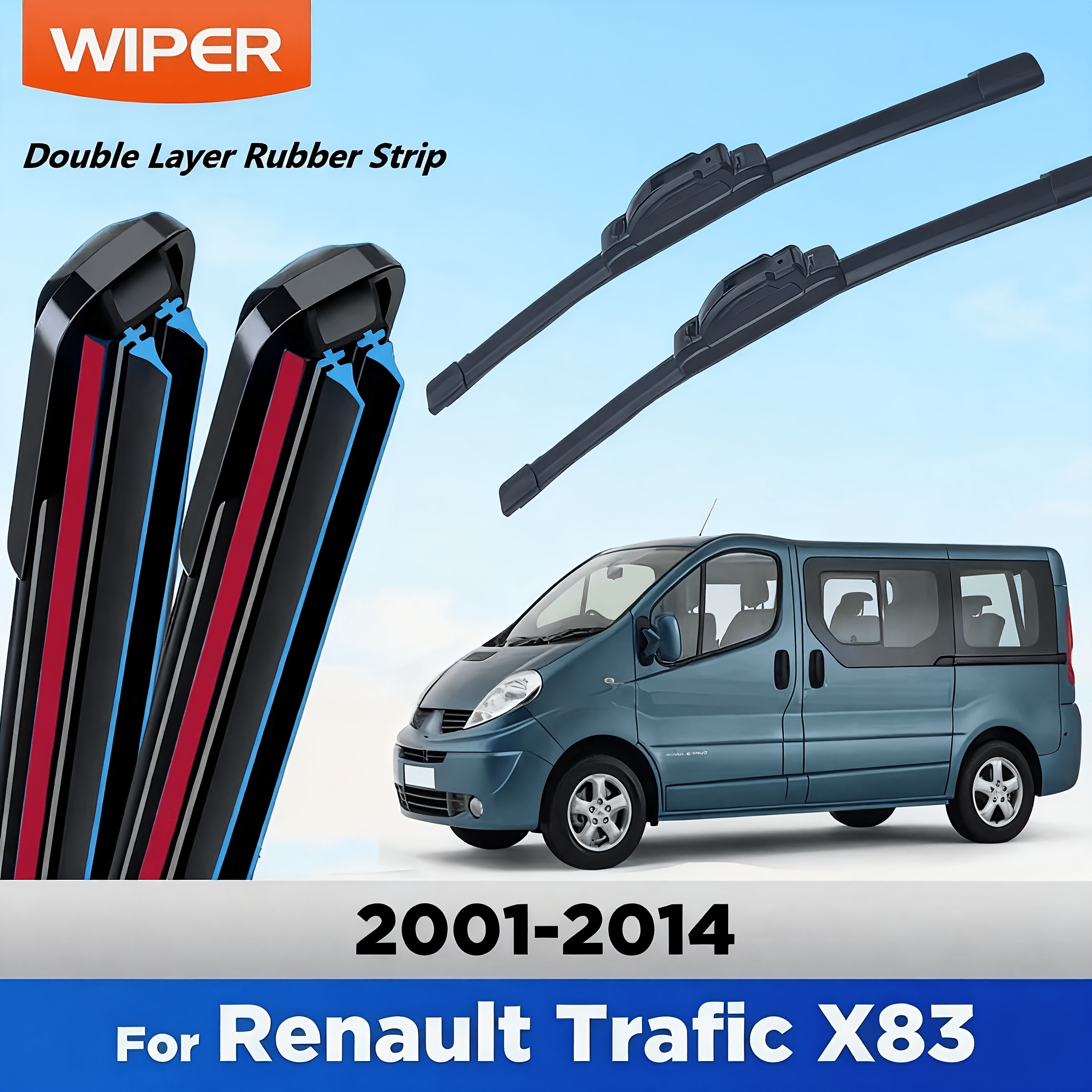 TEMU 2 balais d'essuie-glace pour Renault Trafic X83 2001-2014, balais de pluie de pare-brise, double bande de caoutchouc universelle os