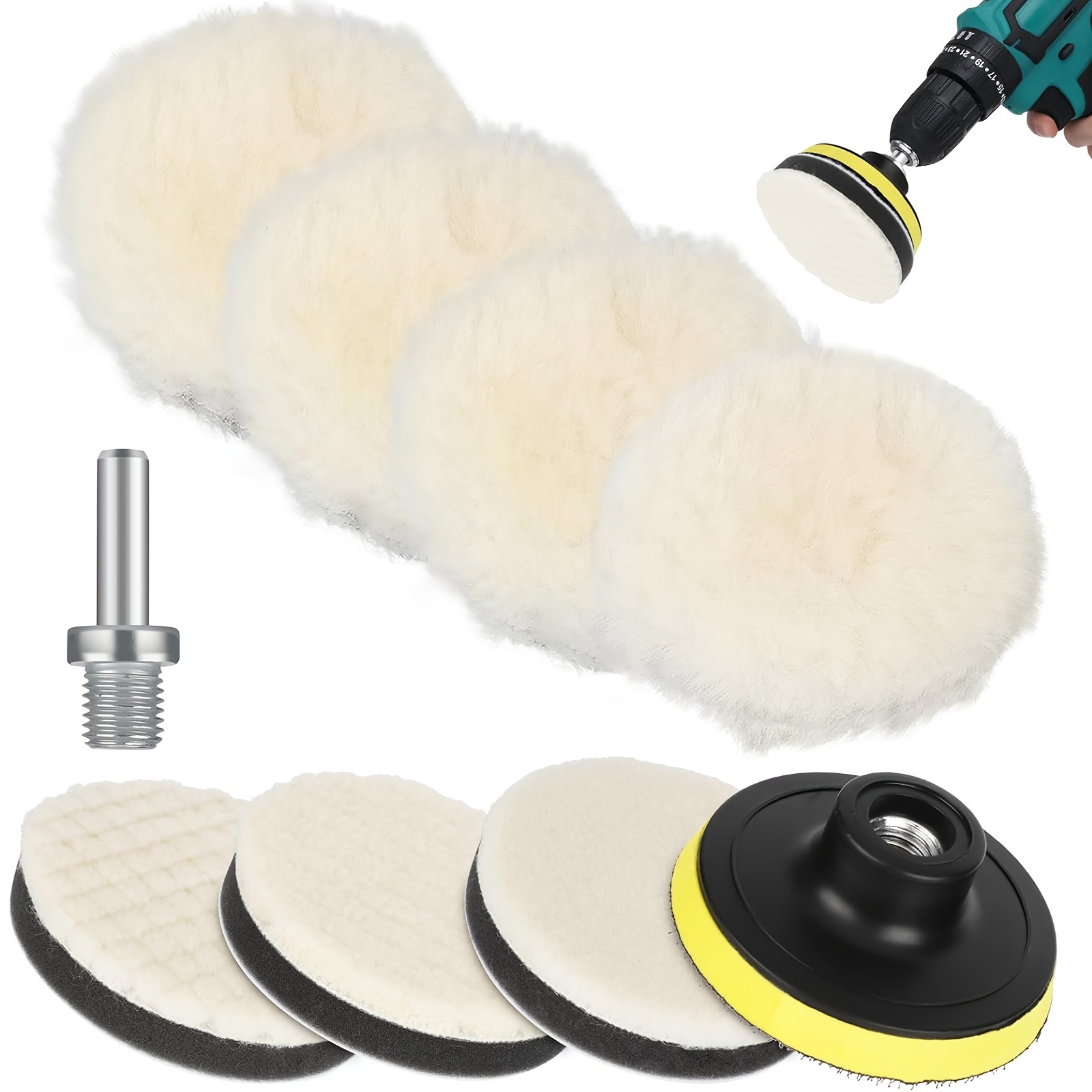 TEMU Set Of 9 Three-inch Wool Polishing Pads, Complete With A Drill Polishing Pad Kit And M10 Drill Adapter, Designed For Automotive Paint Maintenance And Enhancement.