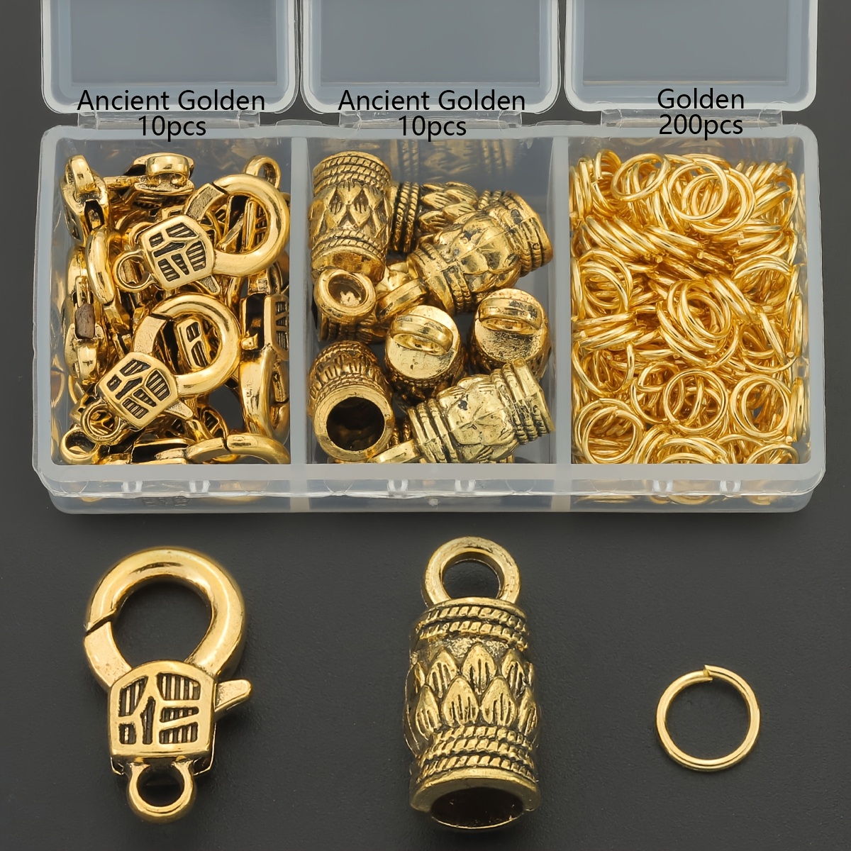 TEMU Set de 220 pièces/boîte de pièces de fermoir de bijoux en de à soi-, comprenant des fermoirs mousquetons texturés, des embouts de cordon à motif