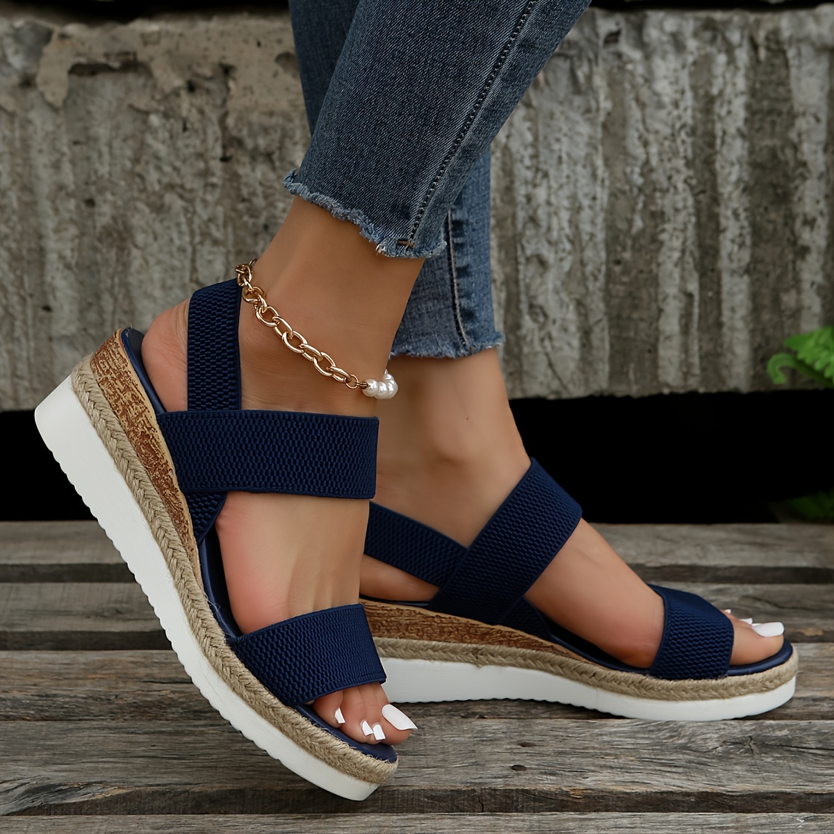 Image of 1 Pair Of New Summer Comfortable Women's Shoes, Outdoor Slide Sandals With Elastic Band, Jute Rope Sole, High Quality Platform, And Thick Wedge Heel, Women Shoes Elegant Women Shoes Shoes