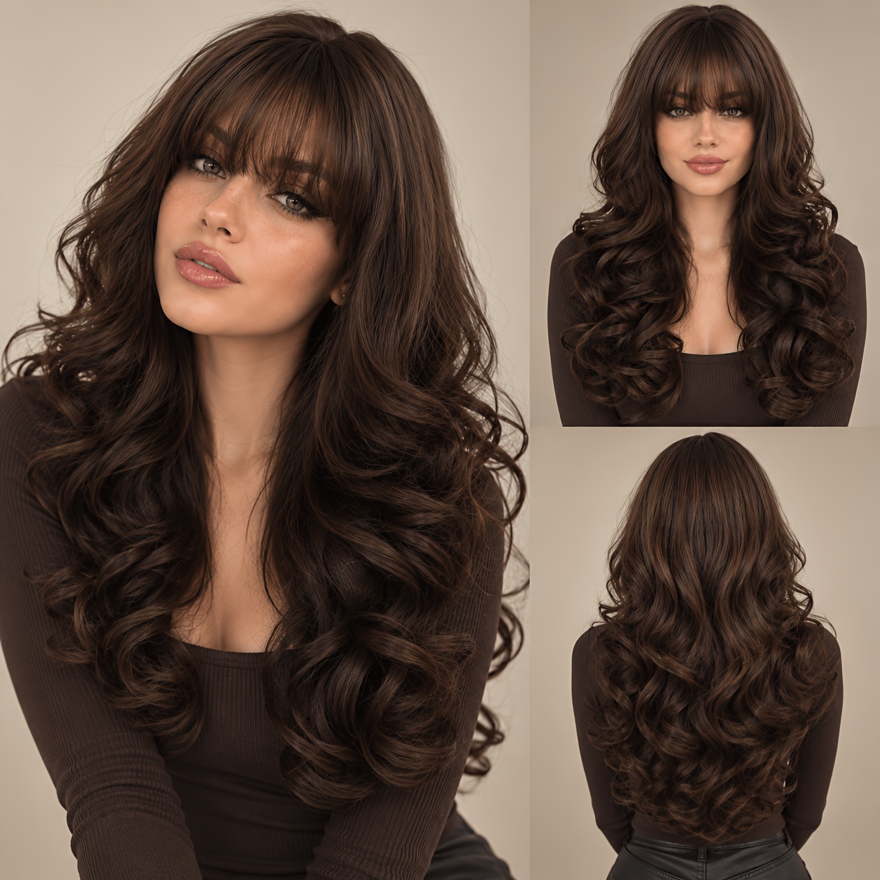 TEMU 26 inch donkerbruine krullende pruik met pony voor dames, lange golvende synthetische haarpruik, hittebestendige lijmloze pruik voor dagelijks