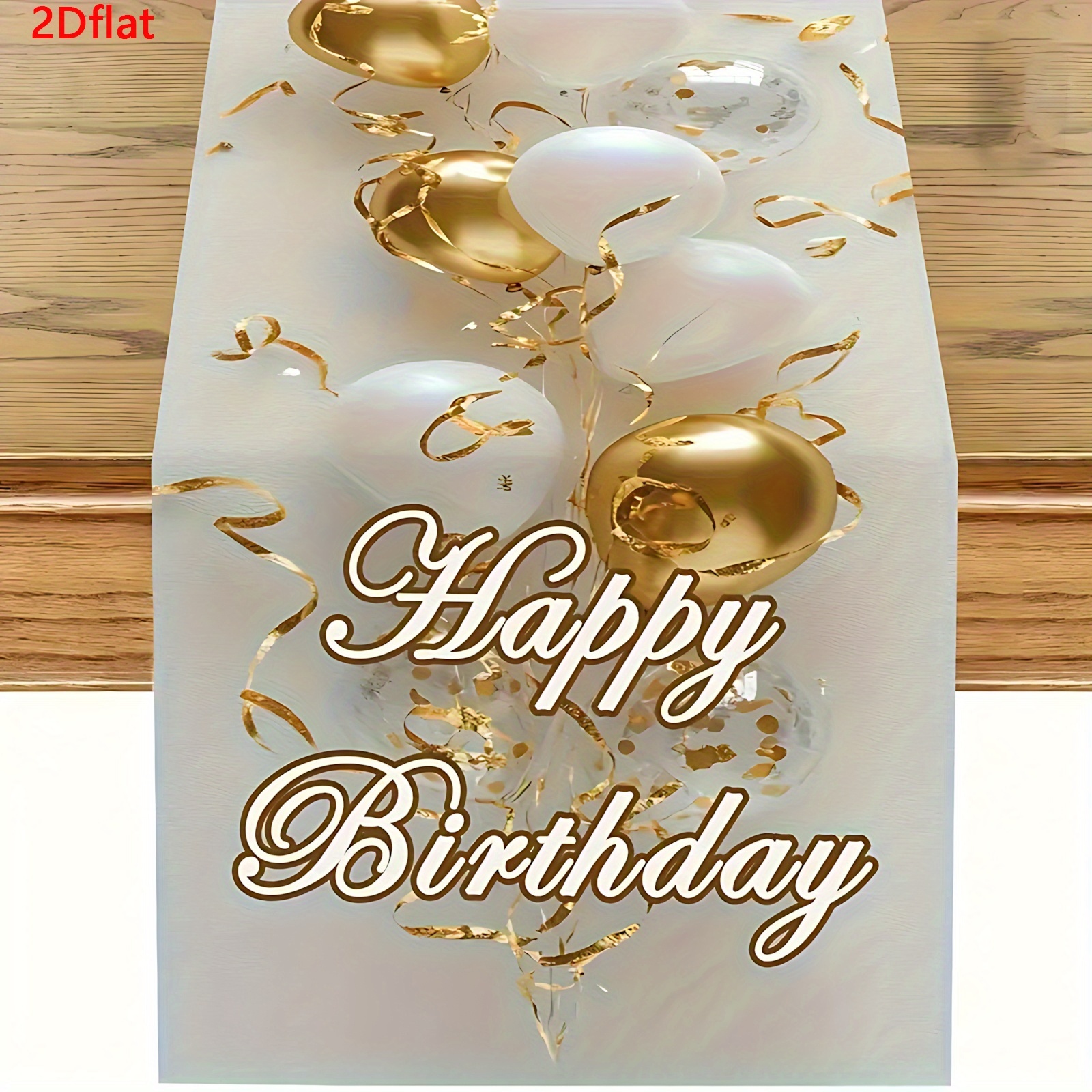 E-shop 1 Stück Goldener Weißer Ballon-Geburtstags-Tischläufer 2D Flach, mit "Happy Birthday" Text – Elegante Rechteckige Tischdecke für