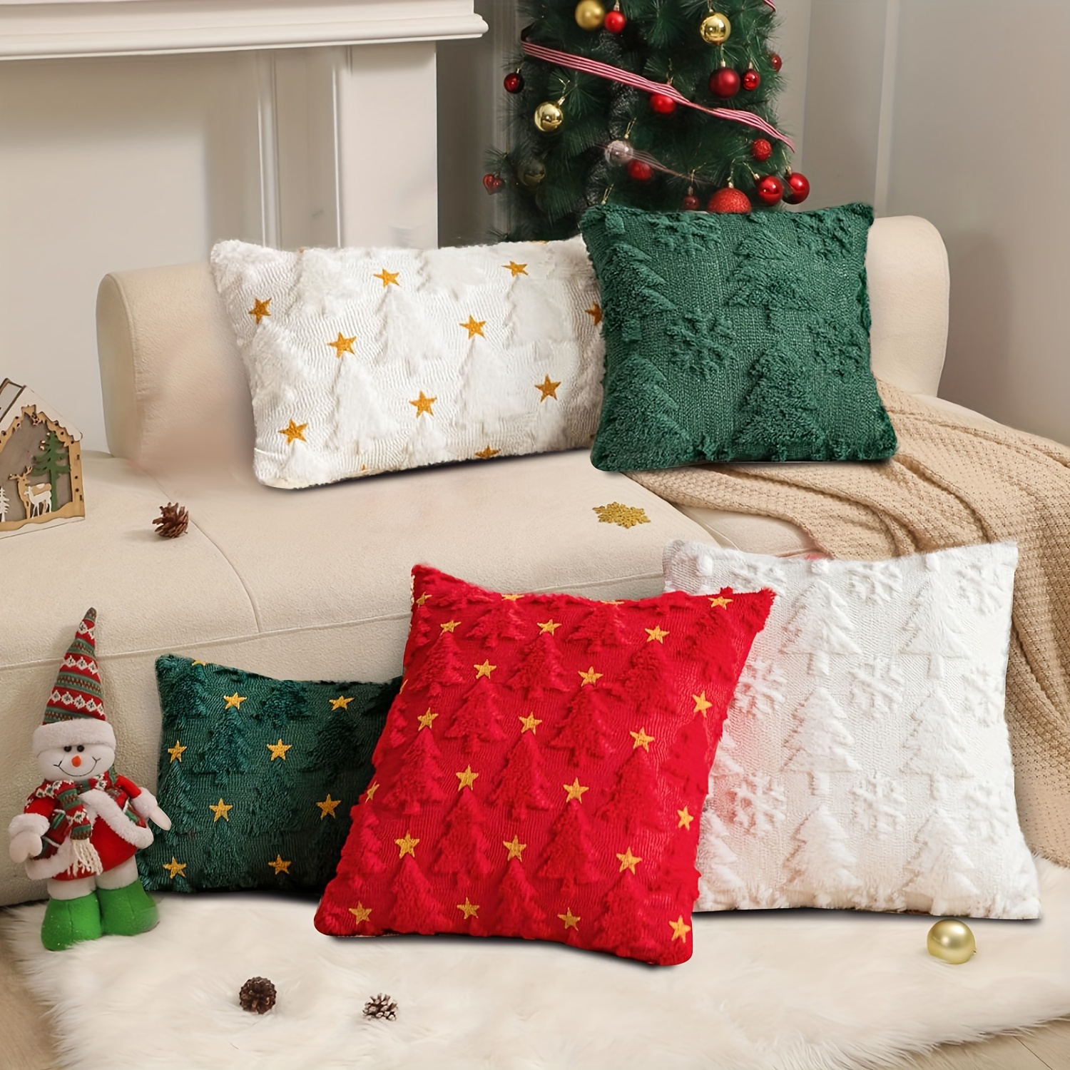 

2pcs Christmas Tree Throw Pillow Covers With Yellow Star Shaped Farmhouse Pillow Covers For Decorations, Accent Soft Fur Pillow Covers For Couch Bed Room