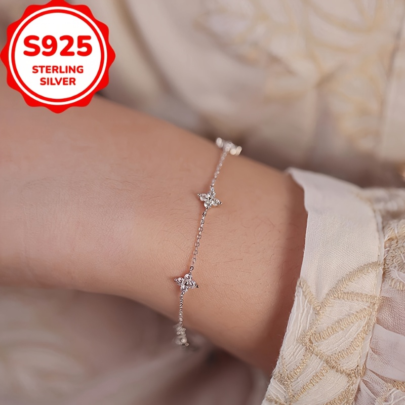 Women's S925 Silvery Four-Leaf Clover Bracelet, Lucky Gift