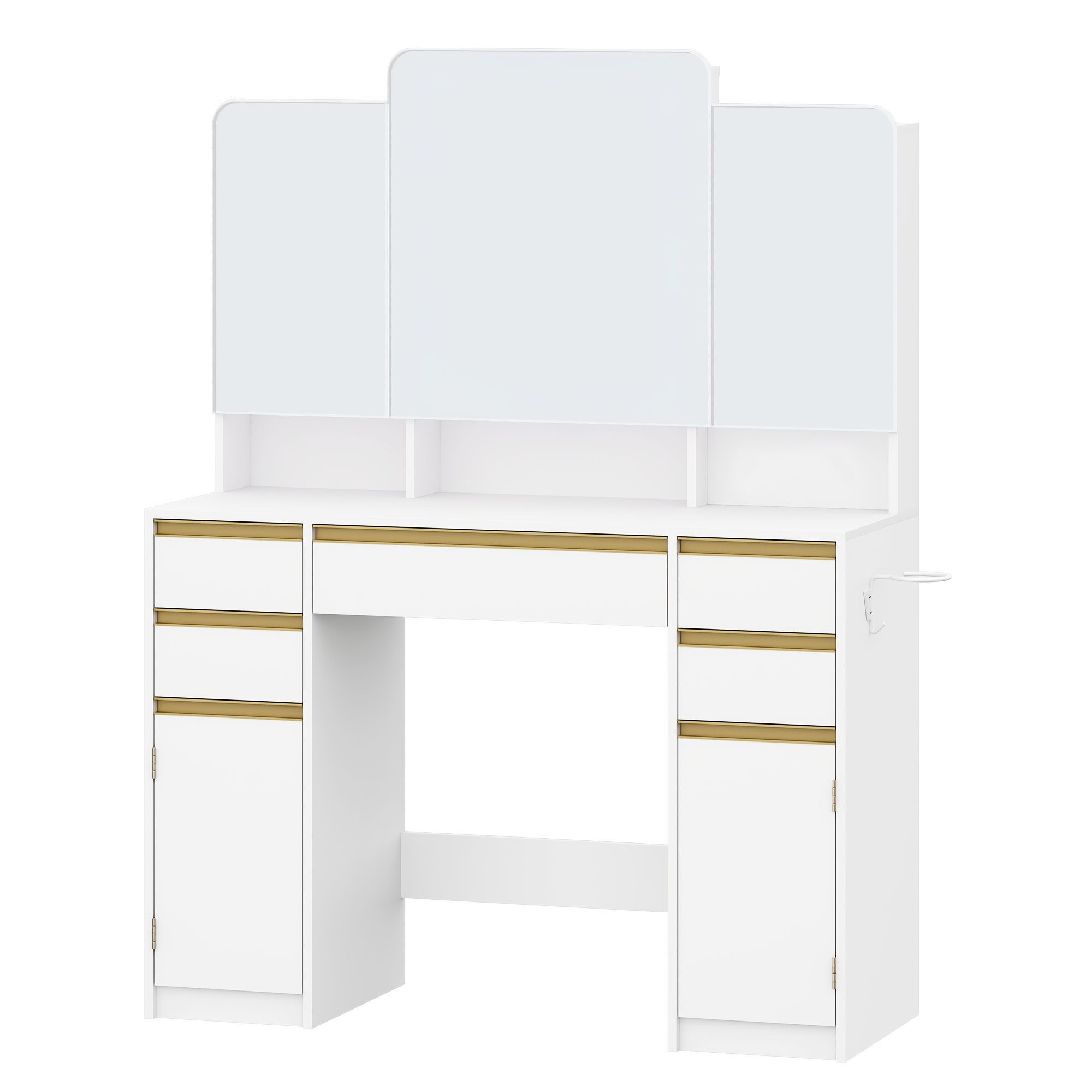 Triple Mirror Dressing Table With Hair Dryer Holder | Storage Space Behind Mirror, Drawers, Storage Cabinet, Open Compartments, White - Hzuaneri