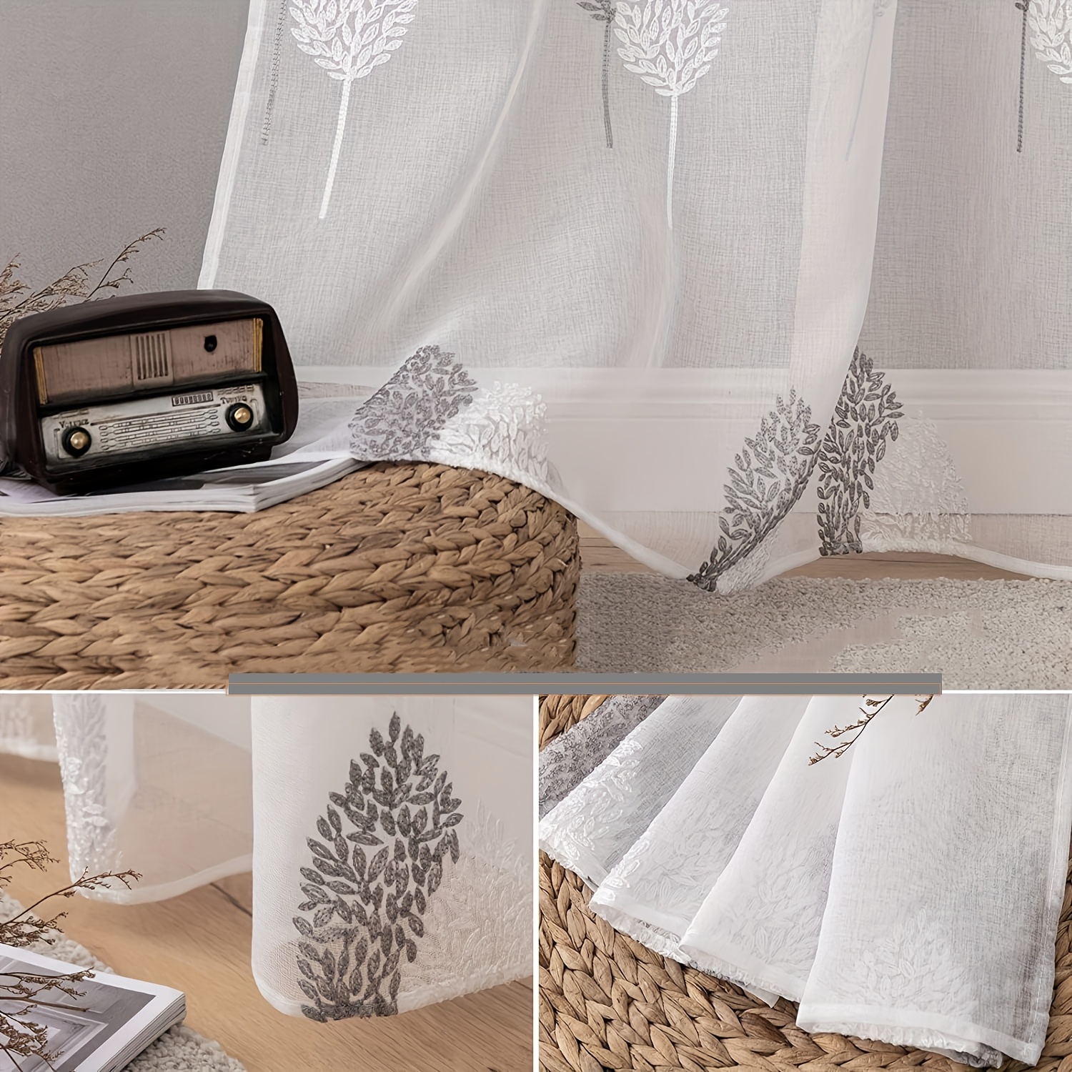 Image of 2pcs Panel Sheer Curtains Gray And White Embroidered Leaves Sheer Curtains Elegant Rod Pocket Panels/curtains/bedroom Living Room