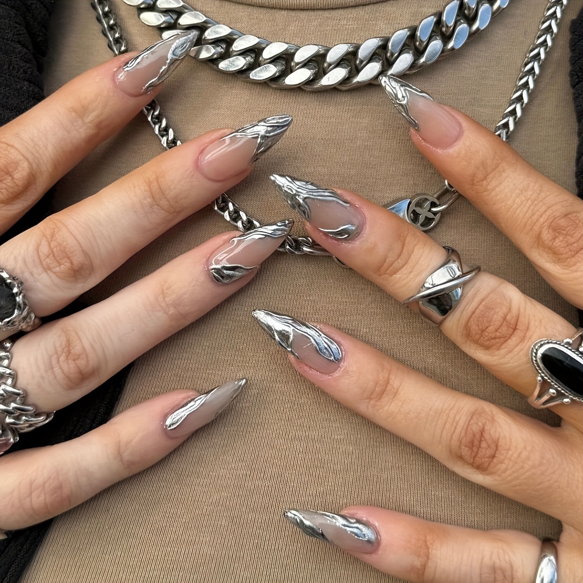 24pcs Short Almond Type French 3d Silvery Wearable Nails Nail Art Nail Tips Removable False Nails Manicure Wearable Nail Pieces With Jelly Glue And Nail File
