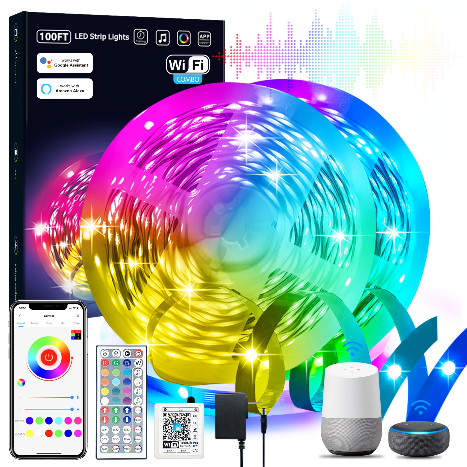 

100ft Wifi Led Strip Lights - Smart App & Voice Control, Music , Color Changing, Compatible With & For Bedroom, Living Room, Christmas & Halloween Decor