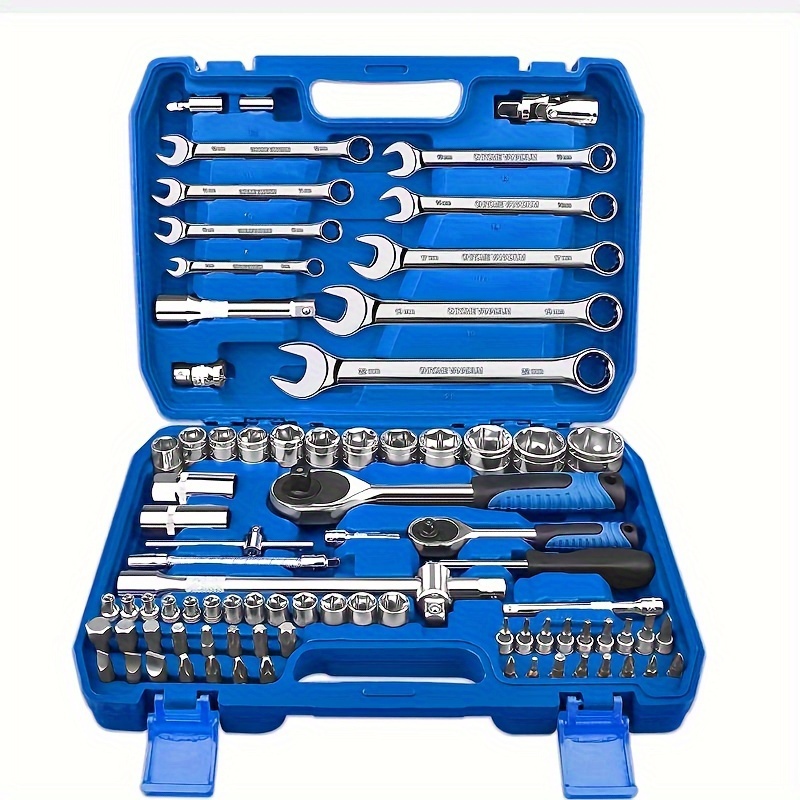 

82pcs Socket Set Release Ratchet Wrench, 1/4" & 3/8" Metric Combination Wrenches, Steel, Automotive Repair Tool Box Set With Storage Case, Extension Bars & Adapters For Car Repair