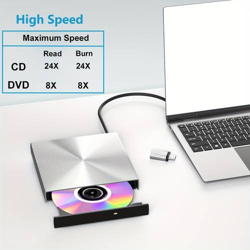 portable silvery cd dvd external drive plug and play for convenient and features a lightweight and portable design compatible with usb 3 0 and supports multiple systems for laptop and desktop cd devices