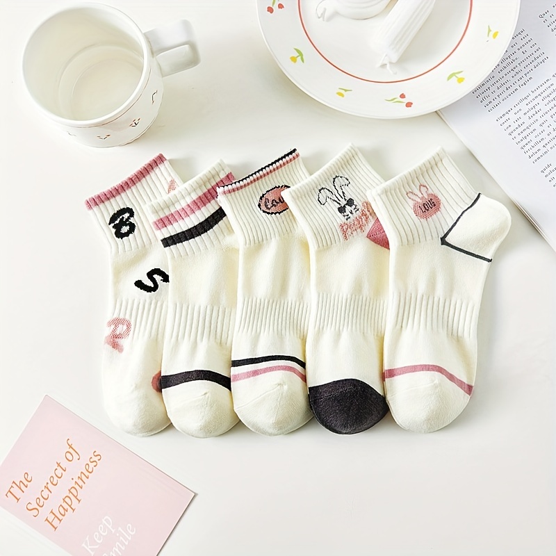 

5 Pairs Cartoon Rabbit Pattern Socks, Comfy & Breathable Short Socks, Women's Stockings & Hosiery