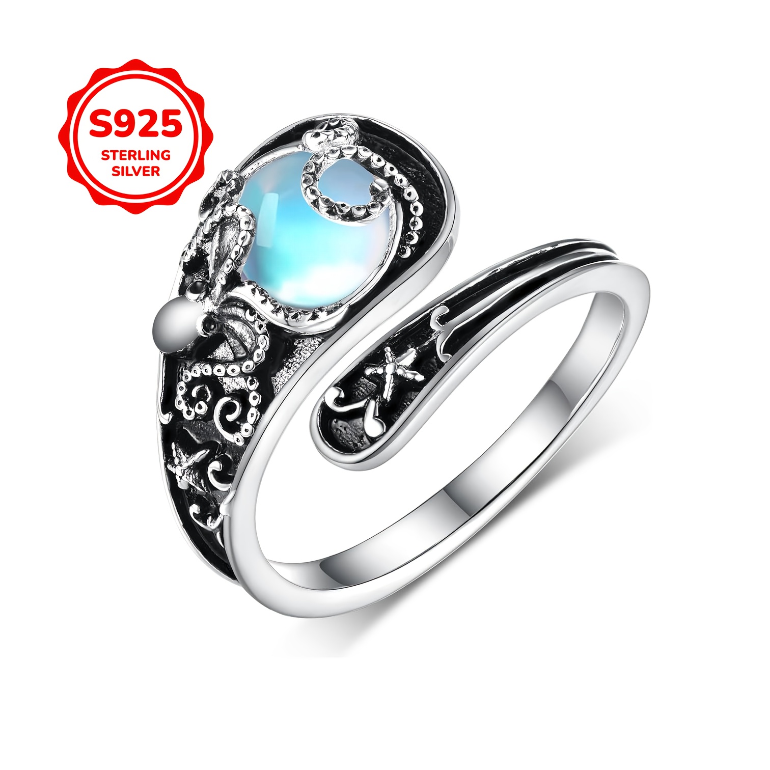 Women's Adjustable Octopus Ring with Moonstone, S925 Silver