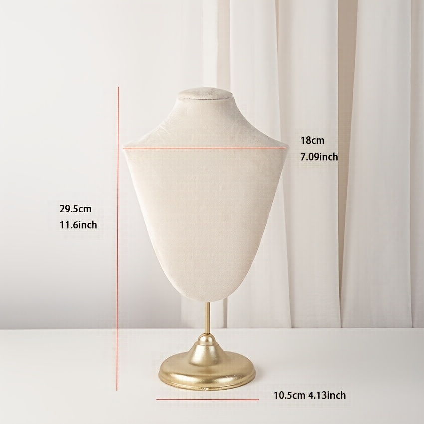 Image of 1pc Velvet Bust Necklace Display Stand, Cream Mannequin Neck Jewelry Holder With Golden Metal Base For Pendant Chain Retail & Dresser Display For Jewelry Storage