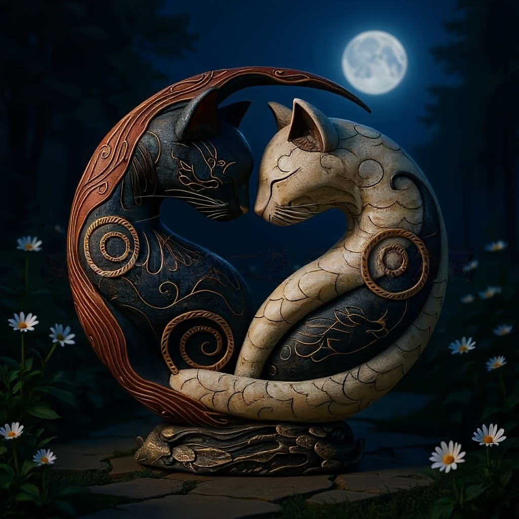 TEMU Bohemian Yin-yang Cat Figurine - Yin-yang Resin Statue Suitable For Indoor/outdoor Decoration, Black & White Tabletop Ornament, Portable Balance